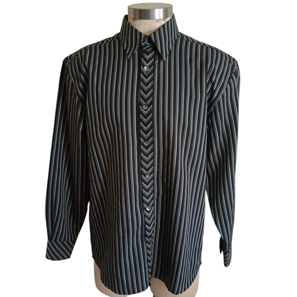 Vintage Axis Button Down Casual Shirt Mens Sz L Black Gold Gray Vertical Stripe